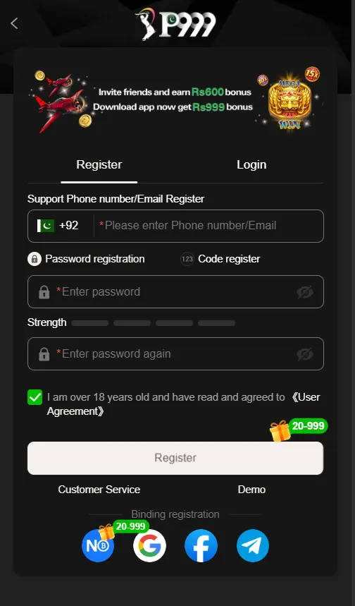 p999 register & login page